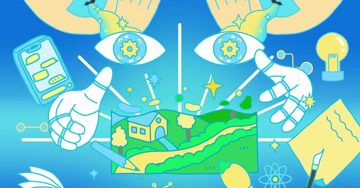 A trippy graphic displaying a collection of items like paintbrushes, books, phone messages, and a notepad to represent generative AI. A large pair of eyes and hands can be seen at the center of the image.