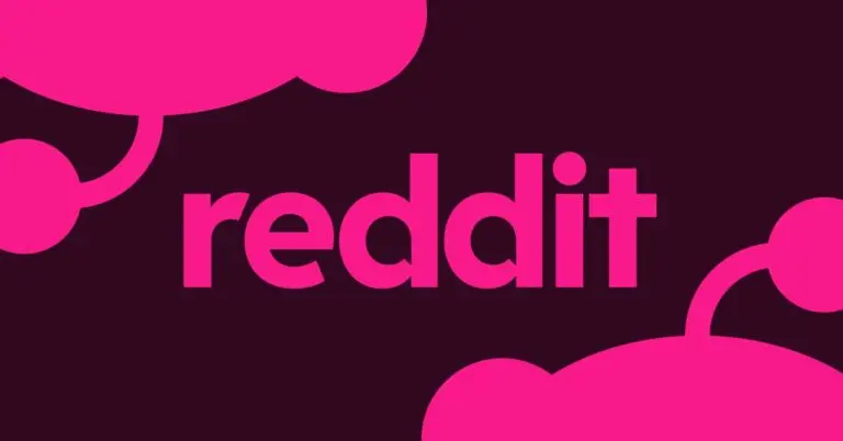 Pink text reading “reddit” with also pink portions of the Reddit alien’s head occupying the bottom right and top left corners of the image, the top one upside down, all on a black background.